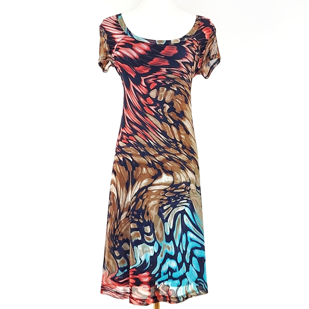 Karen Kane Multicolor Abstract Print Dress Medium Black Coral Turquoise Brown